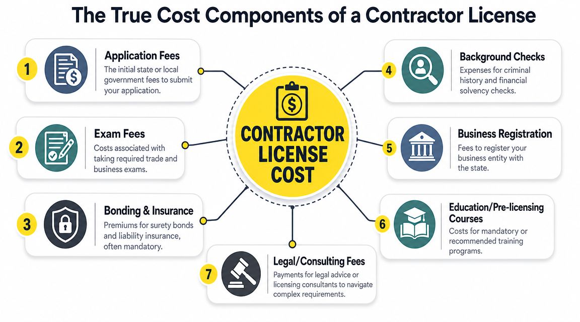 A diagram outlining the seven key financial components that make up the total cost of a contractor license.
