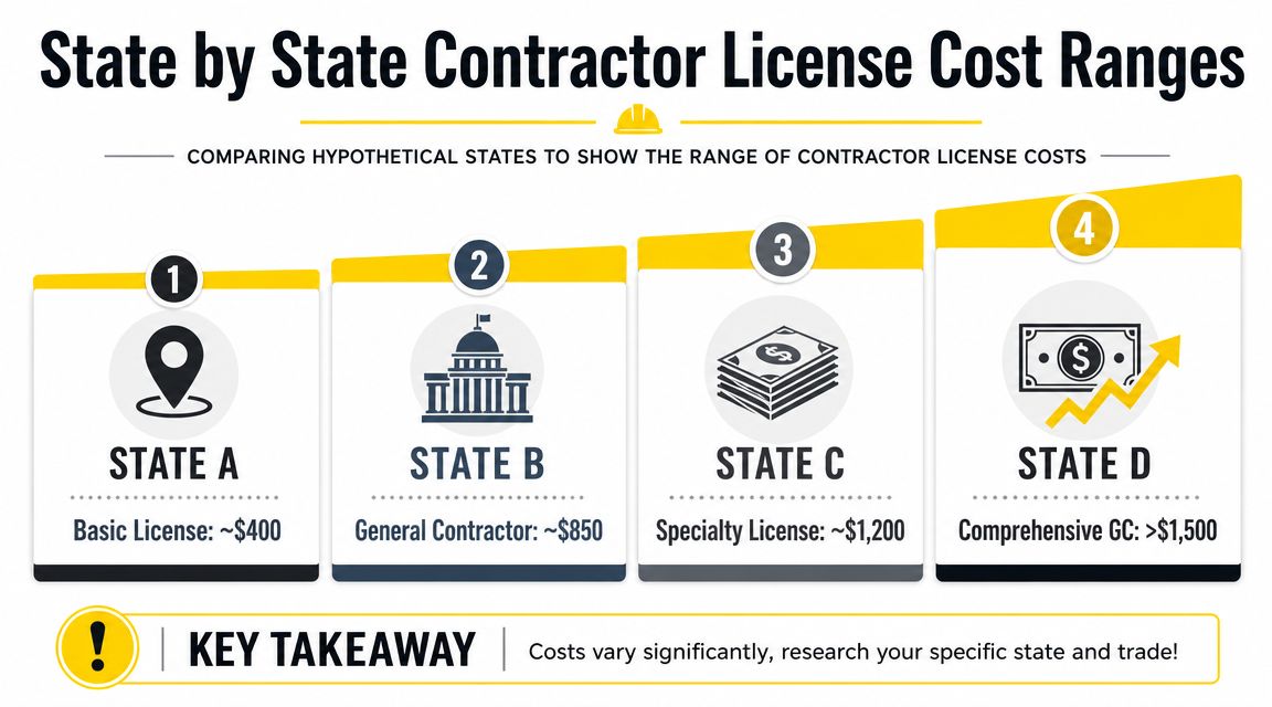 A graphic titled State by State Contractor License Cost Ranges comparing costs across four hypothetical categories.