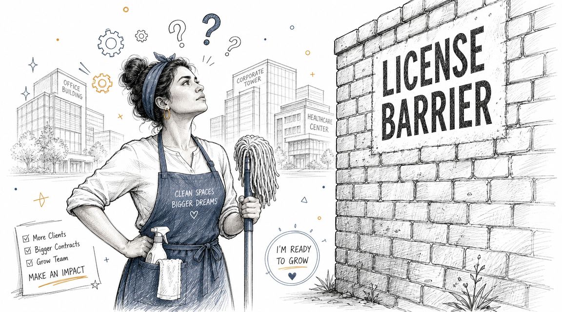 A professional cleaner standing before a brick wall labeled License Barrier, contemplating business growth and opportunities.