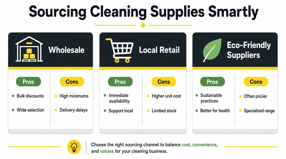 A comparison chart outlining the pros and cons of sourcing cleaning supplies from wholesale, local retail, and eco-friendly suppliers.