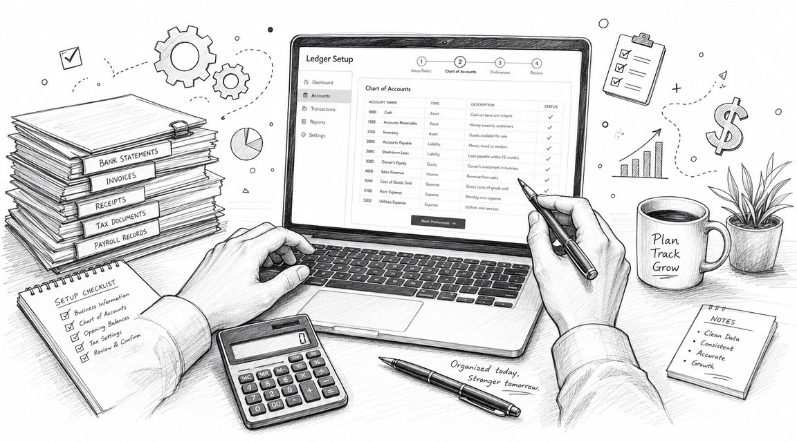 A professional setting depicting ledger setup, financial documents, and business accounting tasks on a digital laptop.