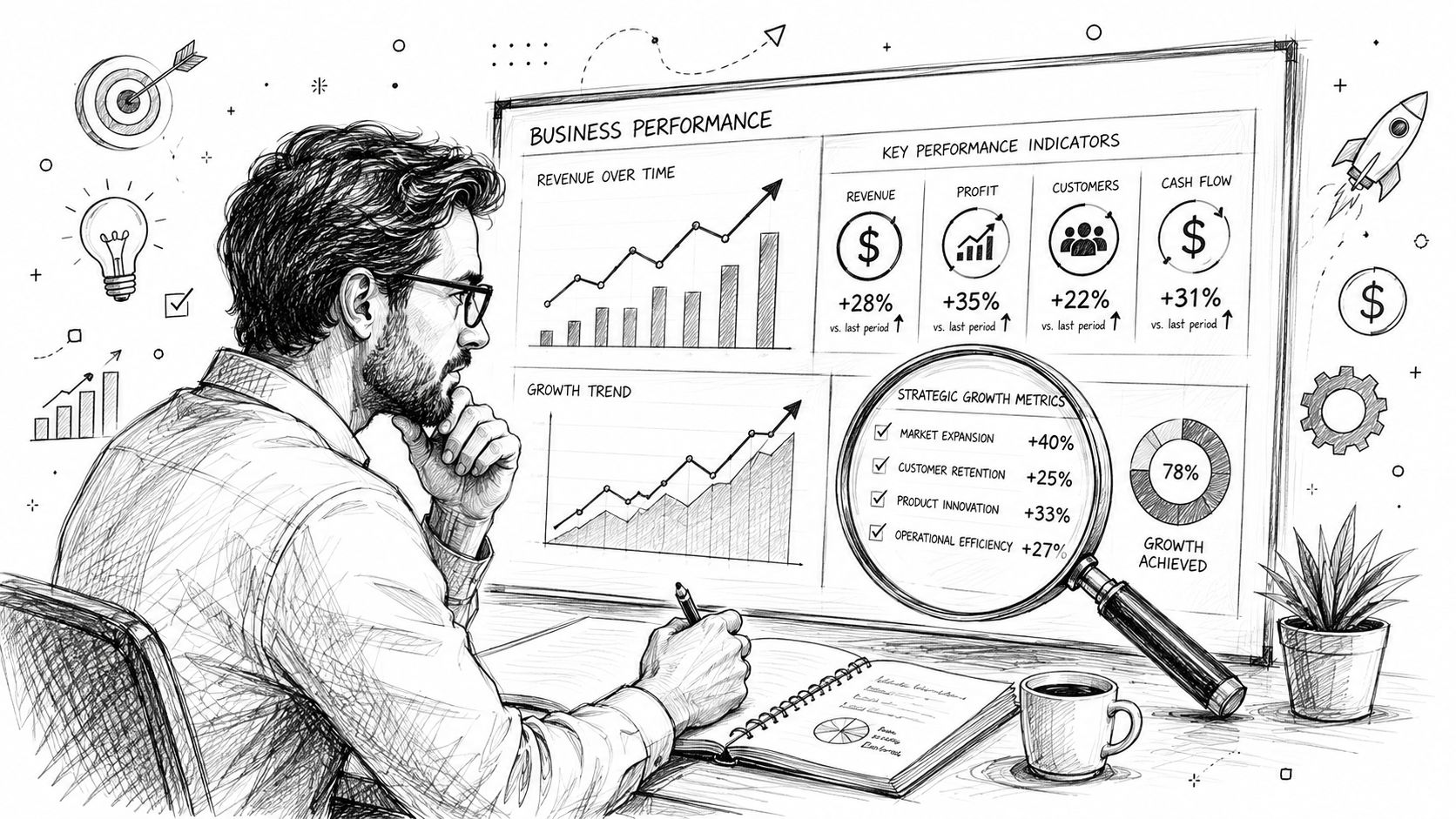 A professional man analyzing business growth data on a digital screen with charts and performance metrics.