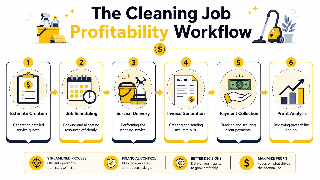 A six-step infographic illustrating the cleaning job profitability workflow for businesses to manage services and finance.