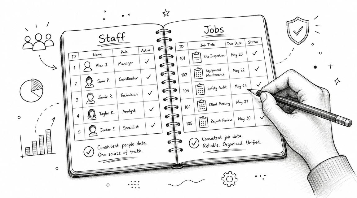 A hand drawing a schedule in a notebook with tables listing staff details and job assignments.