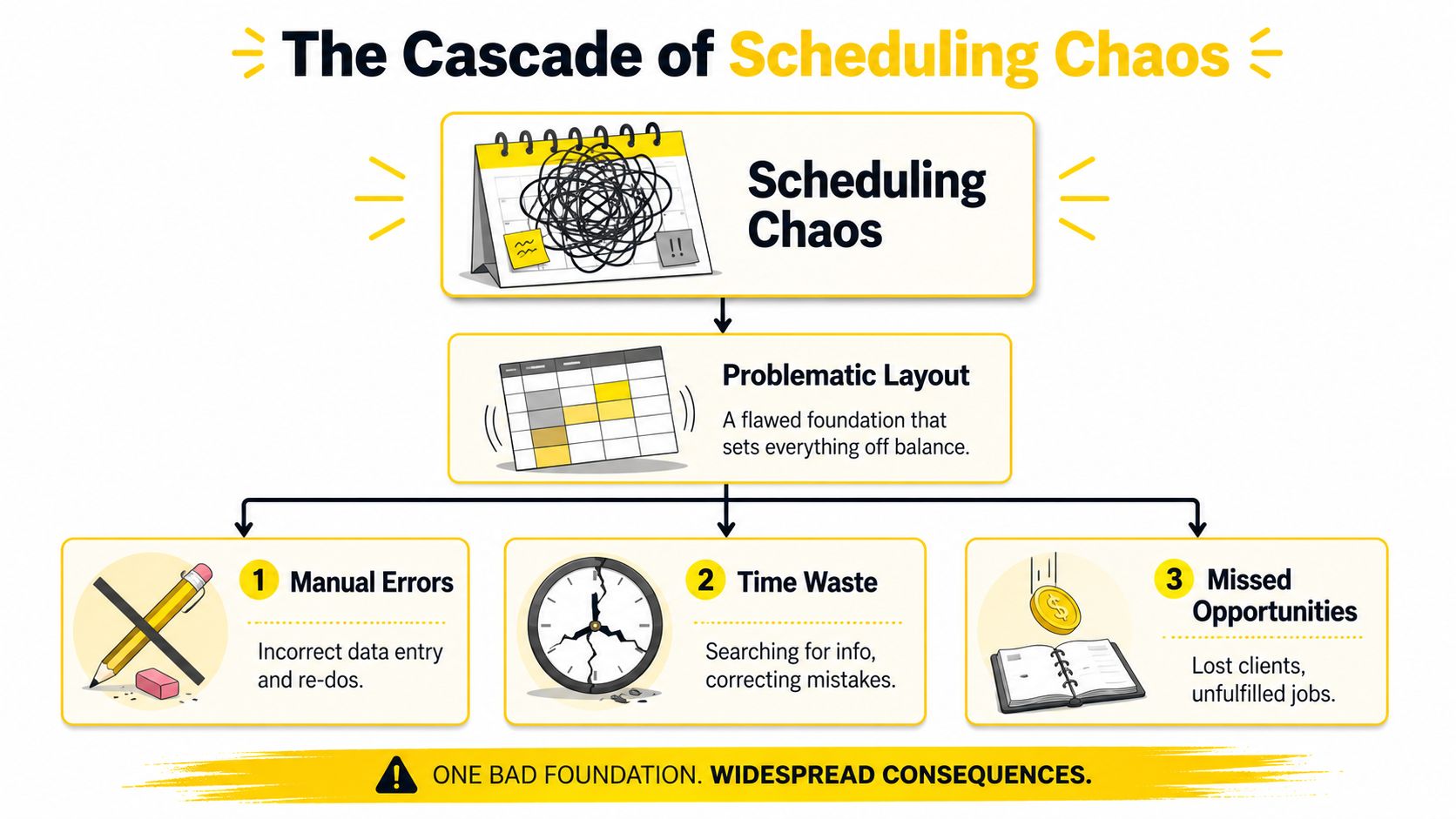 A diagram illustrating how poor scheduling practices lead to errors, wasted time, and missed business opportunities.