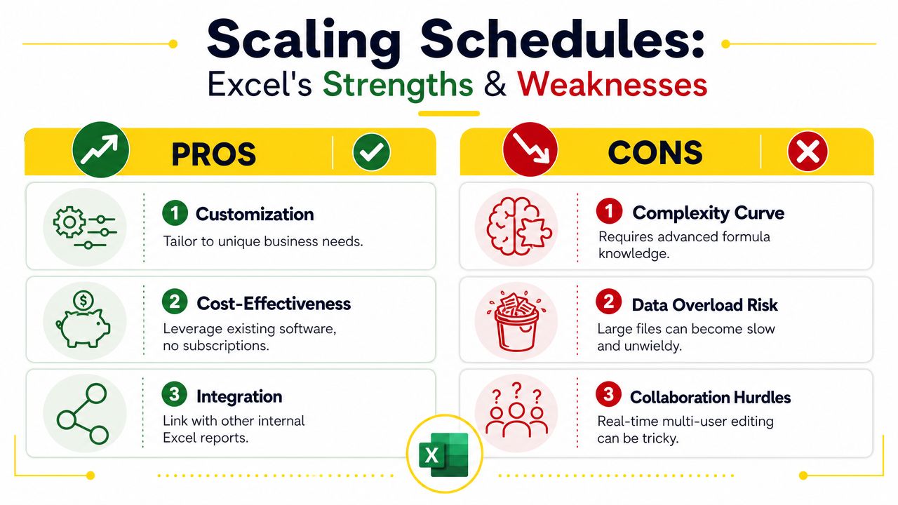 An infographic comparing the pros and cons of using Microsoft Excel for building a business schedule.