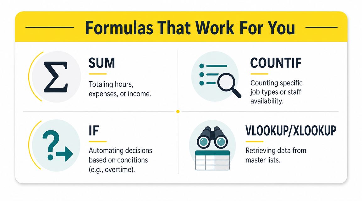 A yellow banner listing essential Excel formulas like SUM, COUNTIF, IF, and VLOOKUP with their primary business functions.