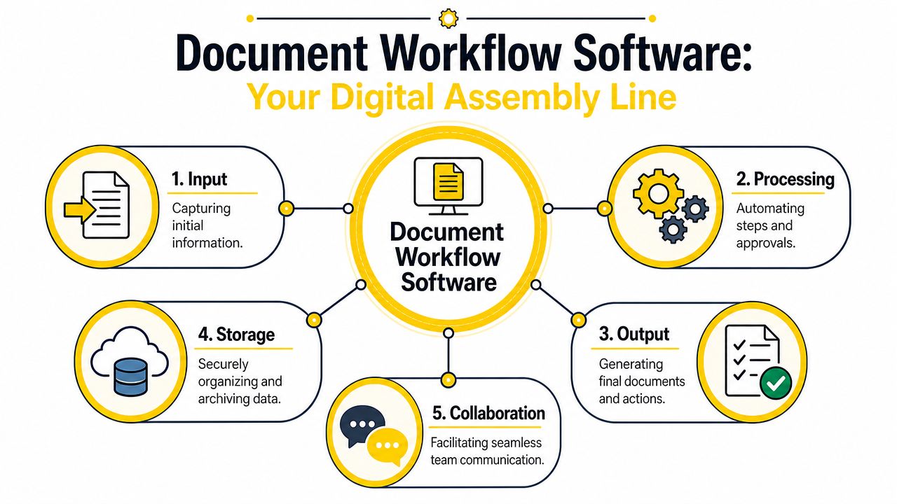 A diagram illustrating the five stages of document workflow software: input, processing, output, storage, and collaboration.