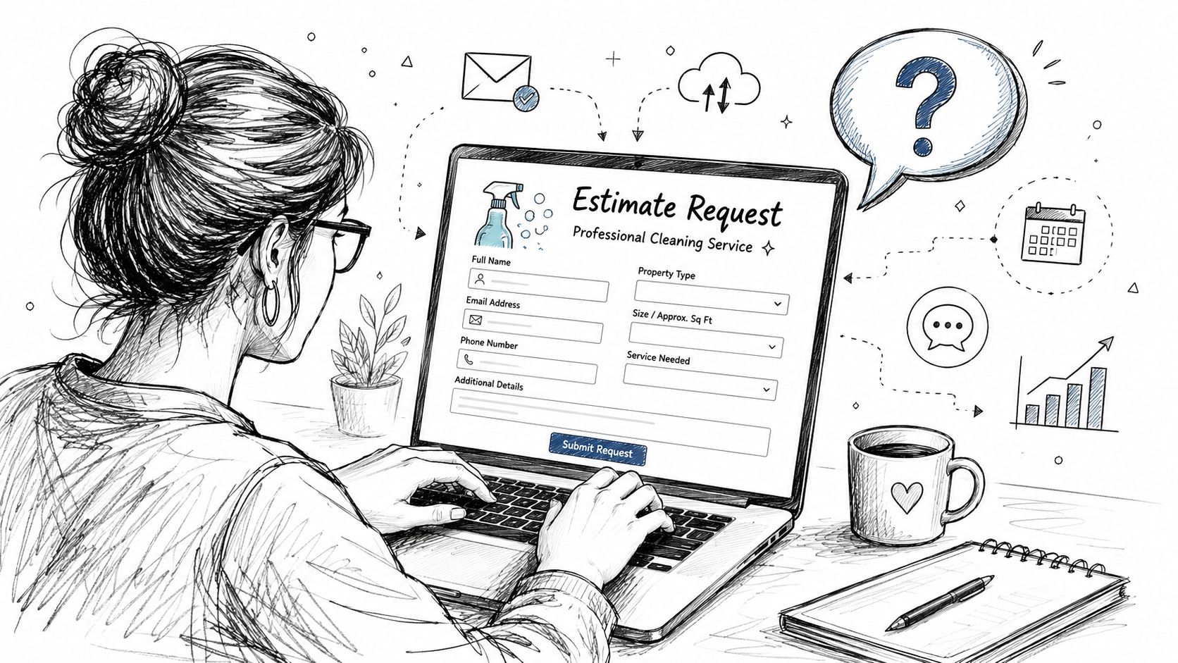 A woman using a laptop to fill out a professional cleaning service estimate request form online.