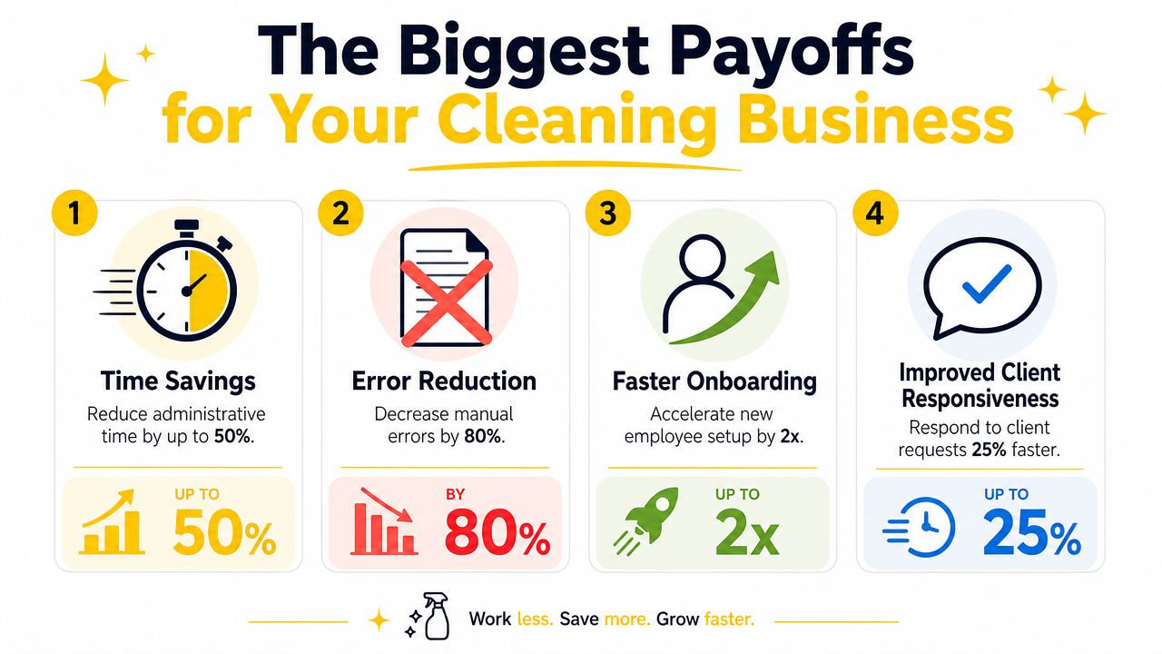 An infographic detailing four key business benefits: time savings, error reduction, faster onboarding, and improved client responsiveness.