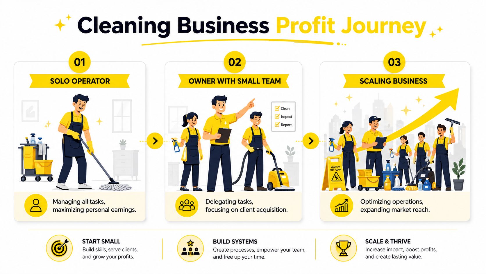 An infographic illustrating the growth phases of a cleaning business, from solo operator to scaling organization.