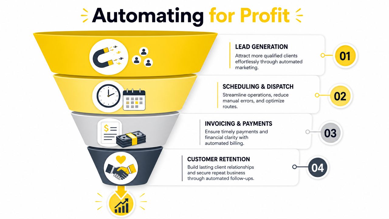 A funnel diagram illustrating the four steps of automating a service business to increase profitability.