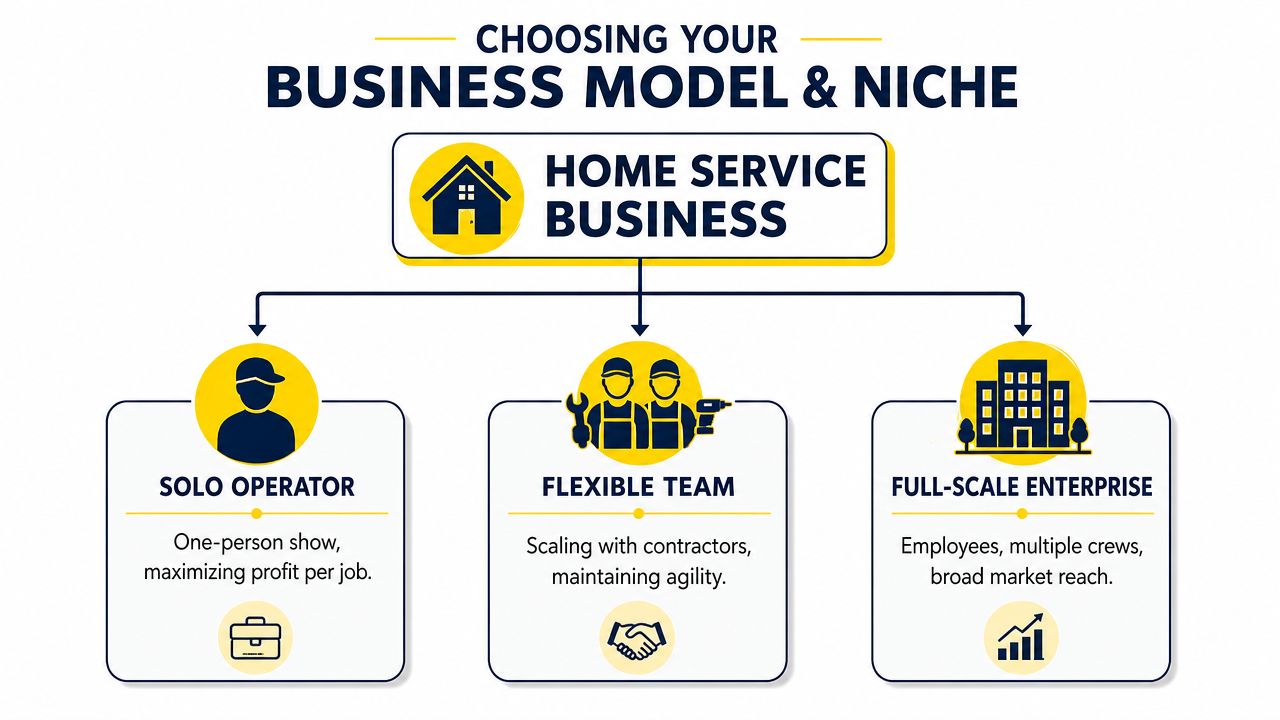A diagram illustrating three business models for a home service business: solo operator, flexible team, and enterprise.