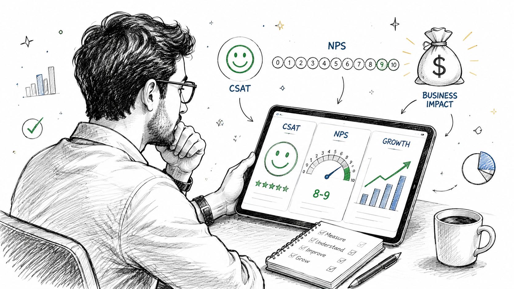 A professional analyzing customer satisfaction metrics including CSAT, NPS, and business growth on a tablet.