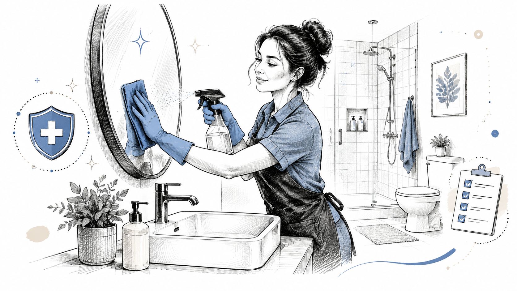 A professional cleaner wearing gloves wipes a bathroom mirror while a checklist sits on the counter nearby.