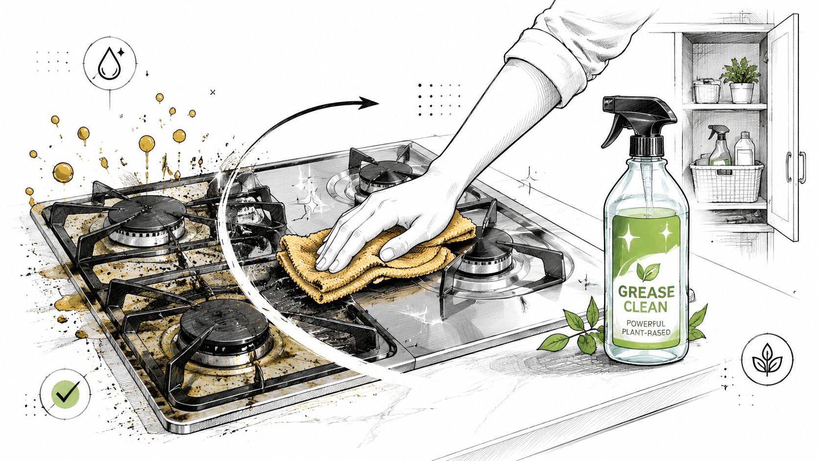 A hand wiping a dirty stovetop clean with a plant-based kitchen cleaner spray bottle in the background.