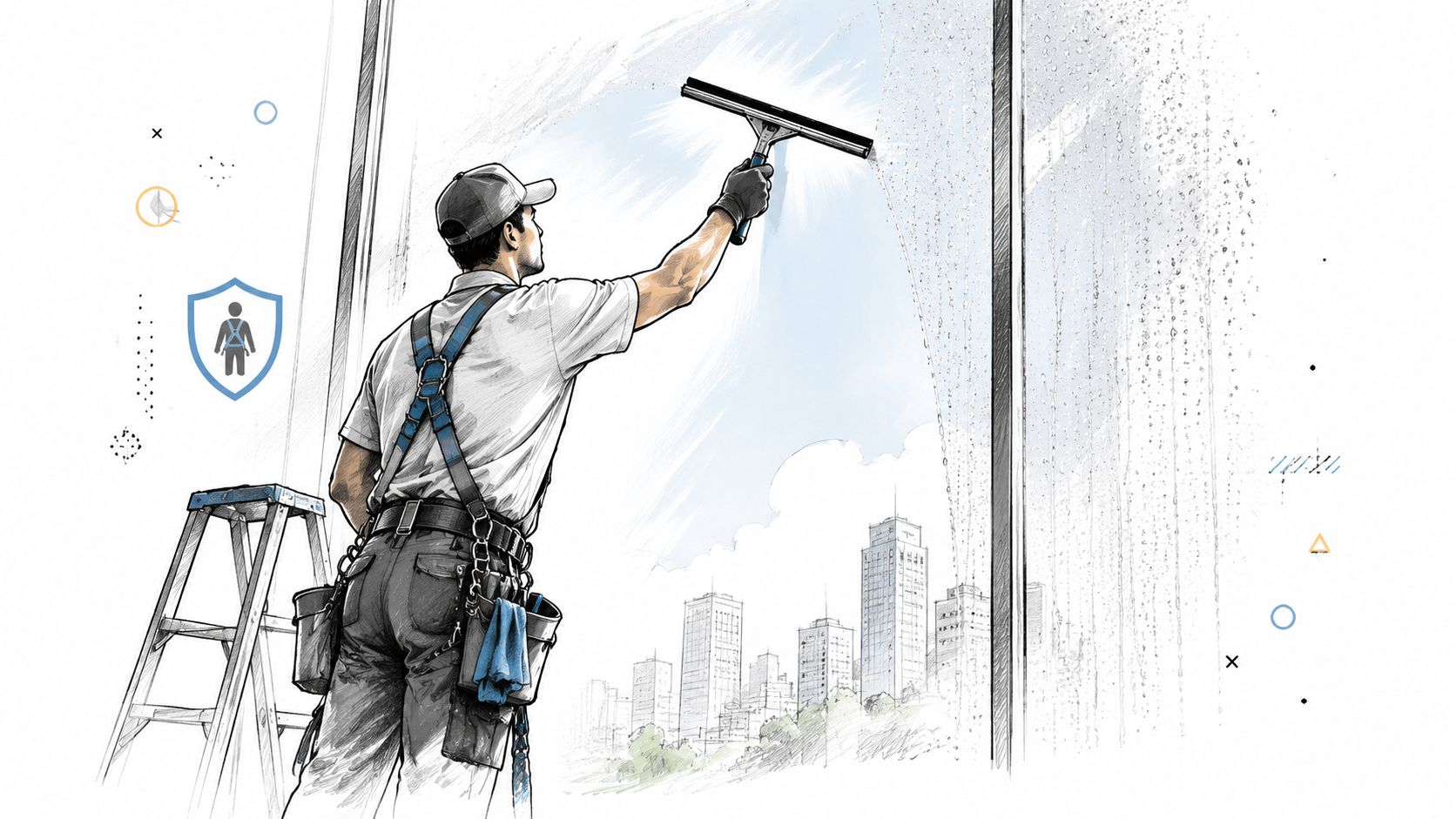 A professional window cleaner wearing a safety harness stands on a ladder cleaning a glass window.