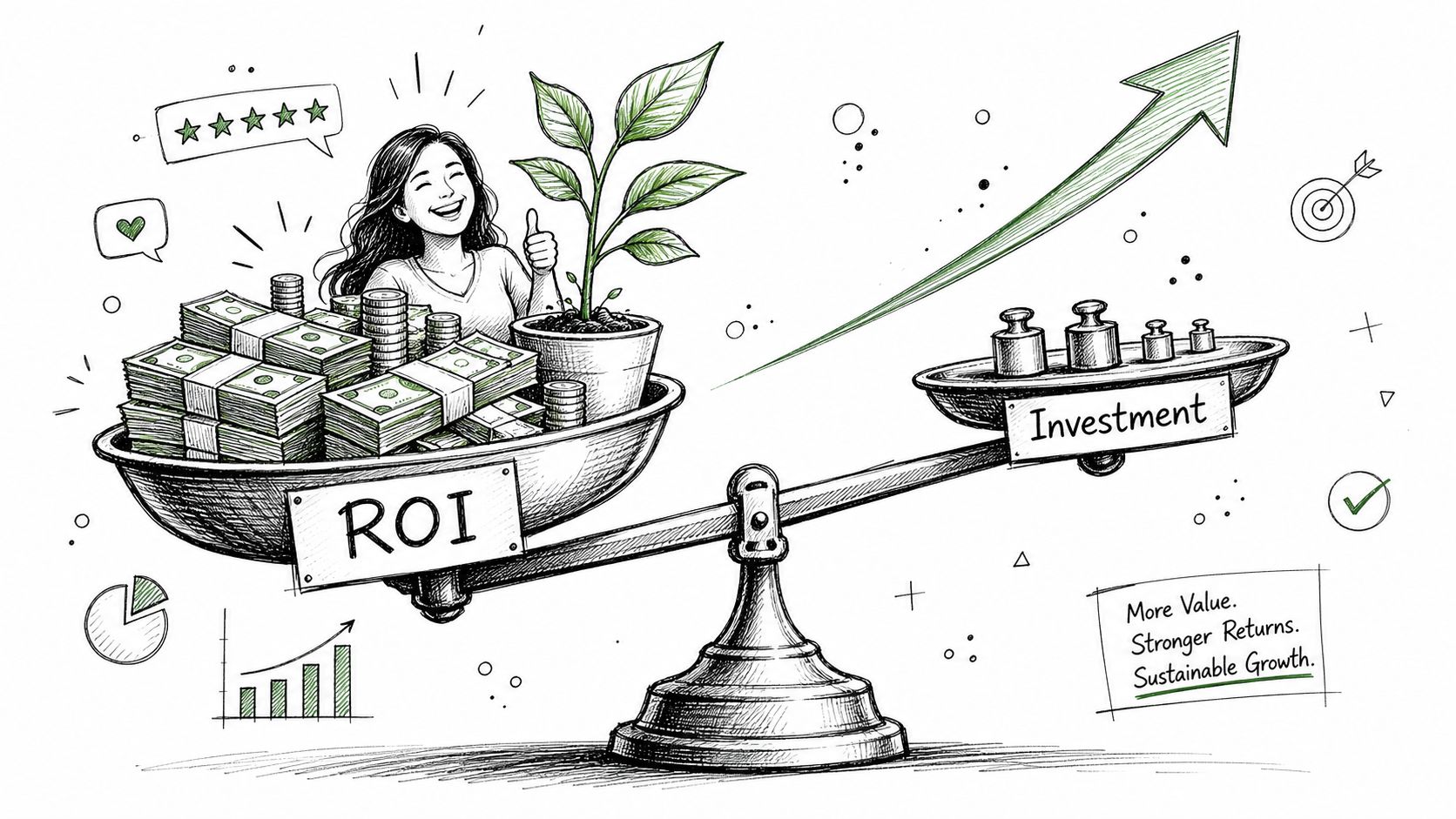 A hand-drawn illustration showing a balance scale weighing ROI versus Investment with a person and growth plant.