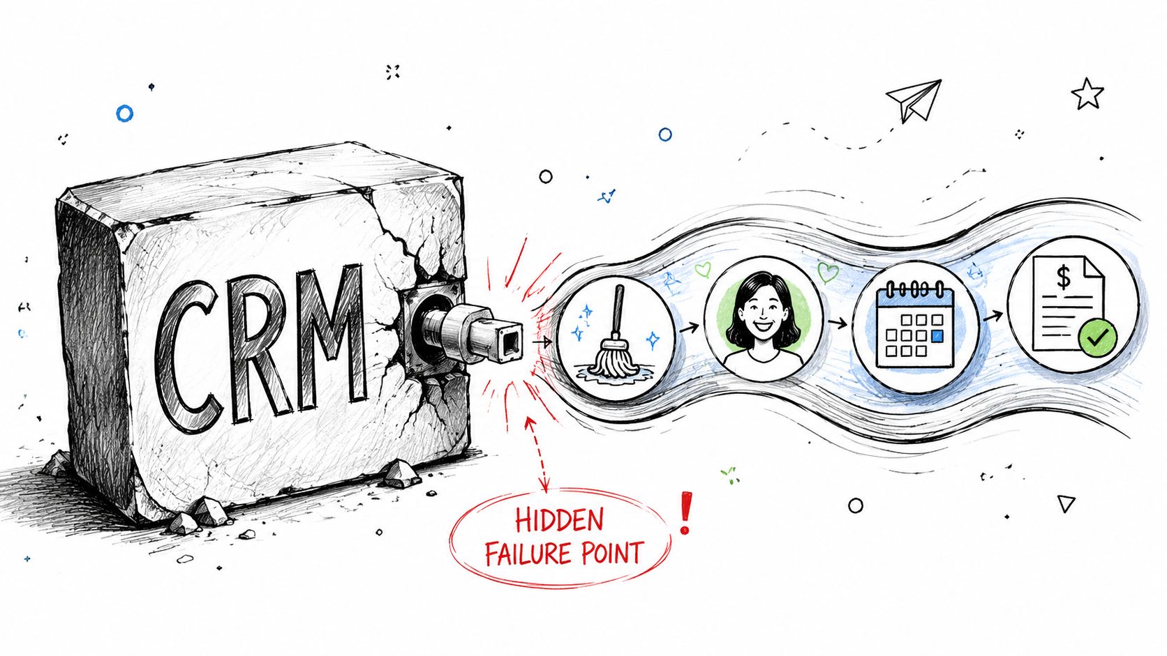 A hand-drawn illustration showing a CRM block feeding a process flow with a hidden failure point labeled.