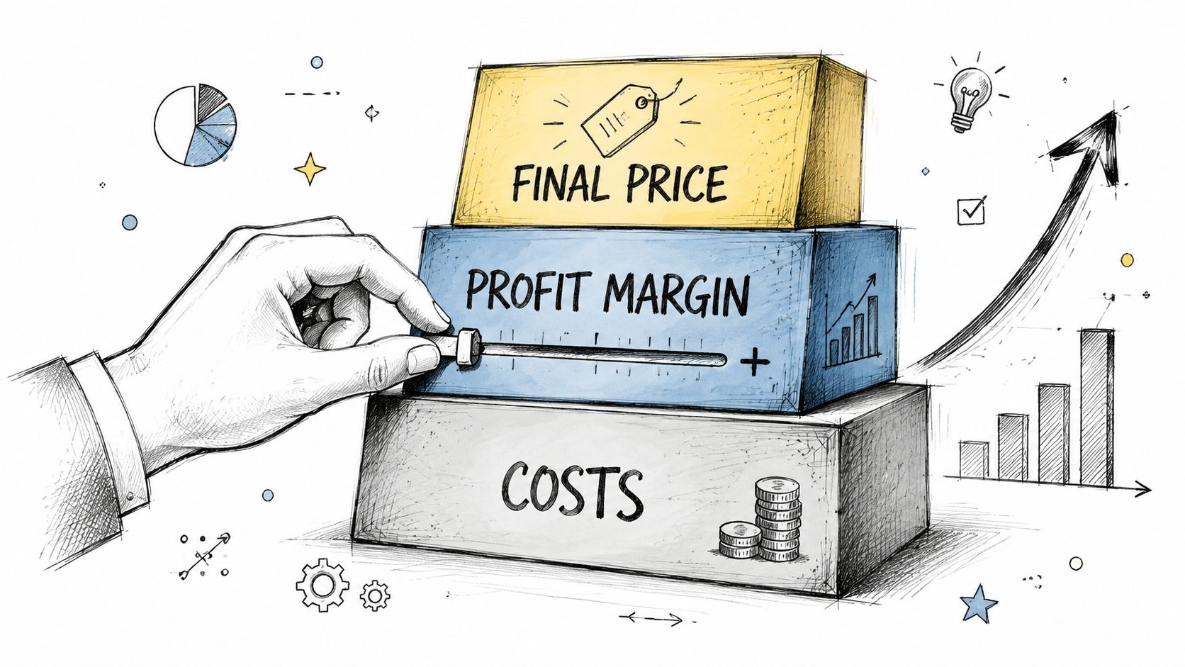A hand adjusting a profit margin slider on a stack of boxes representing business pricing concepts.