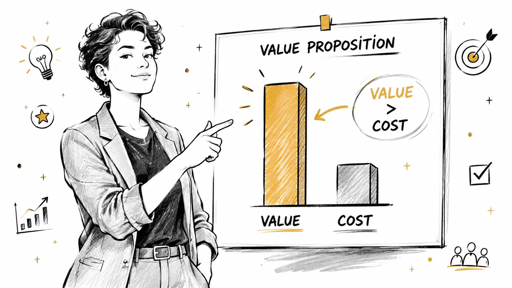 A professional woman presenting a Value Proposition chart showing that value exceeds cost in a business context.