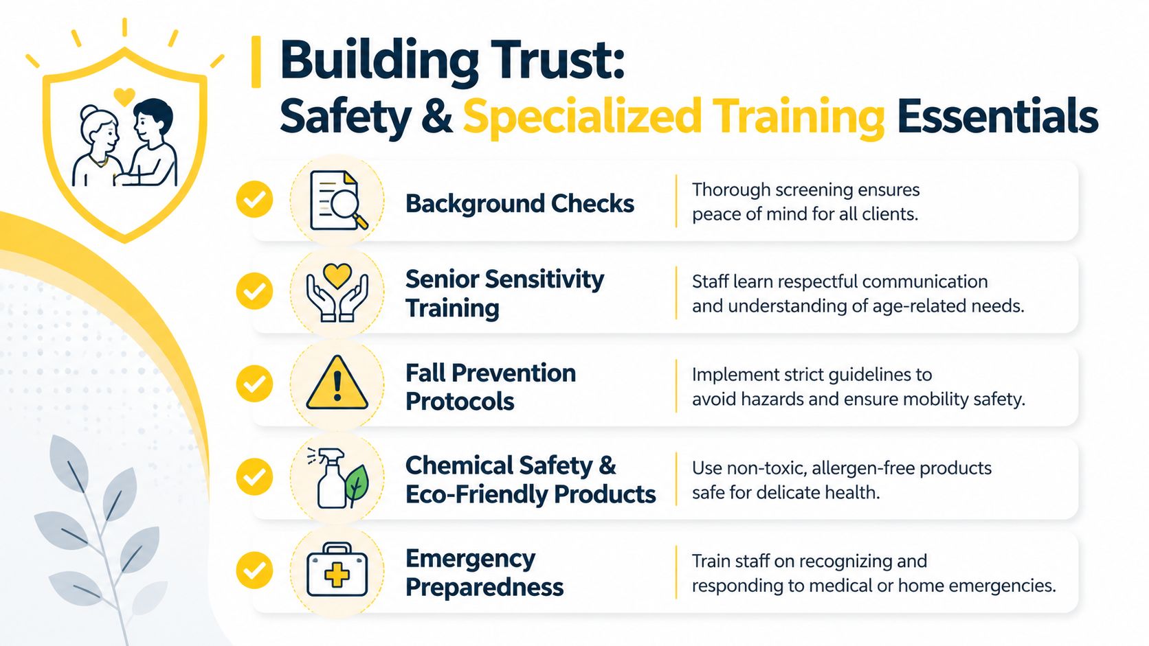 An infographic detailing safety and specialized training protocols for professional cleaning services provided to senior citizens.