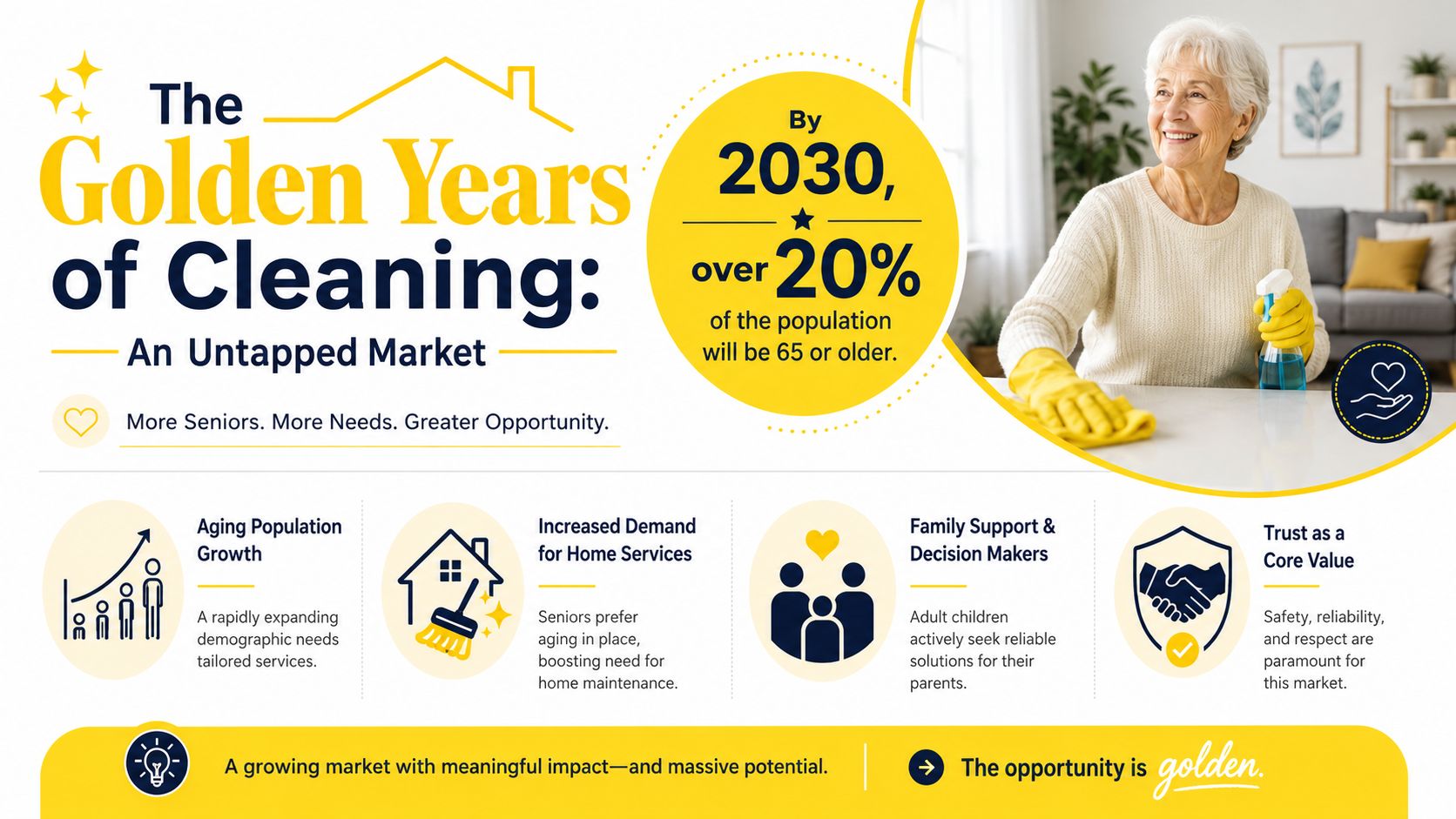An infographic highlighting the growing market potential for cleaning services tailored to seniors in the aging population.