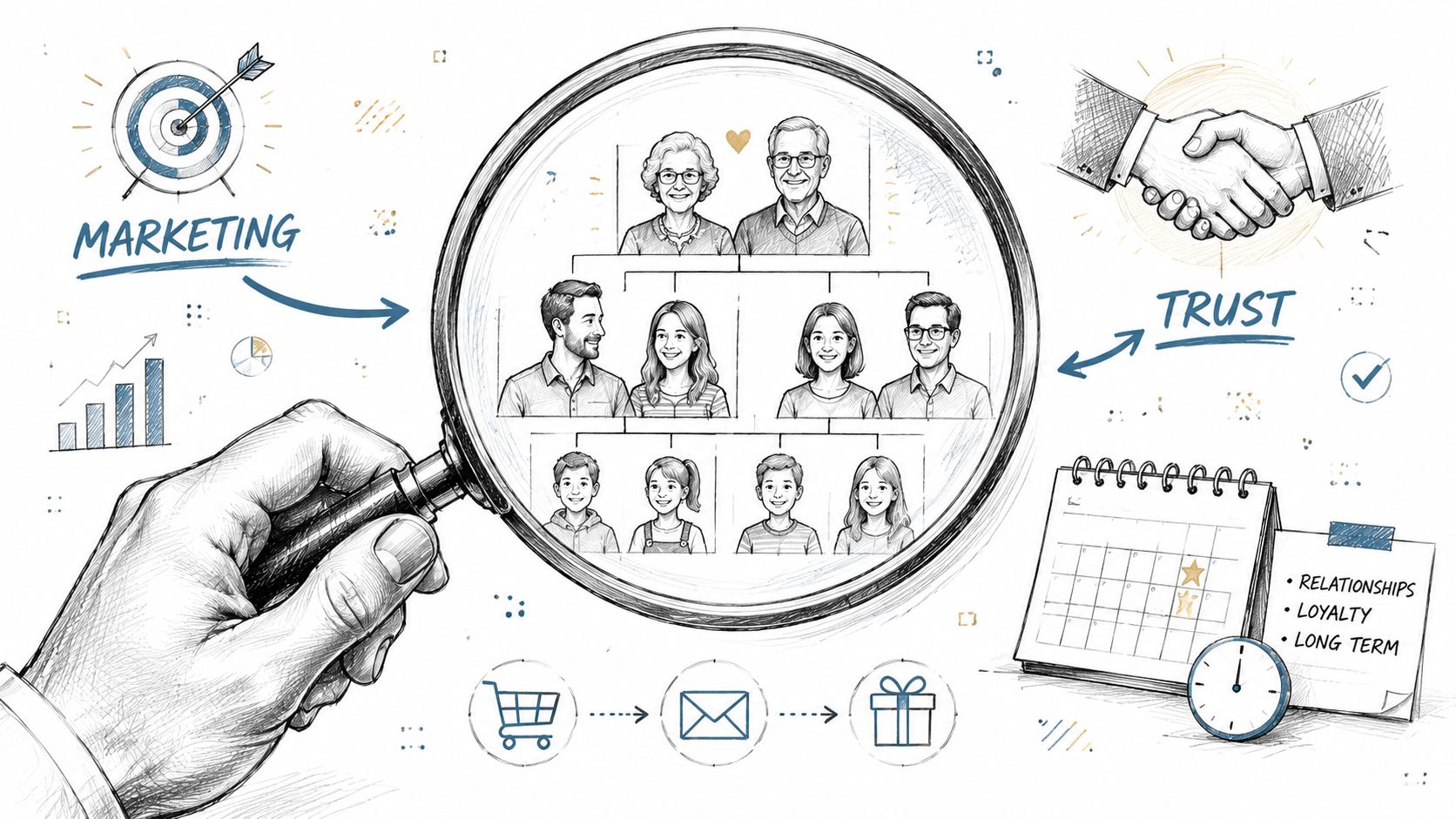 A hand holding a magnifying glass over a three-generation family tree diagram, representing trust and marketing strategies.
