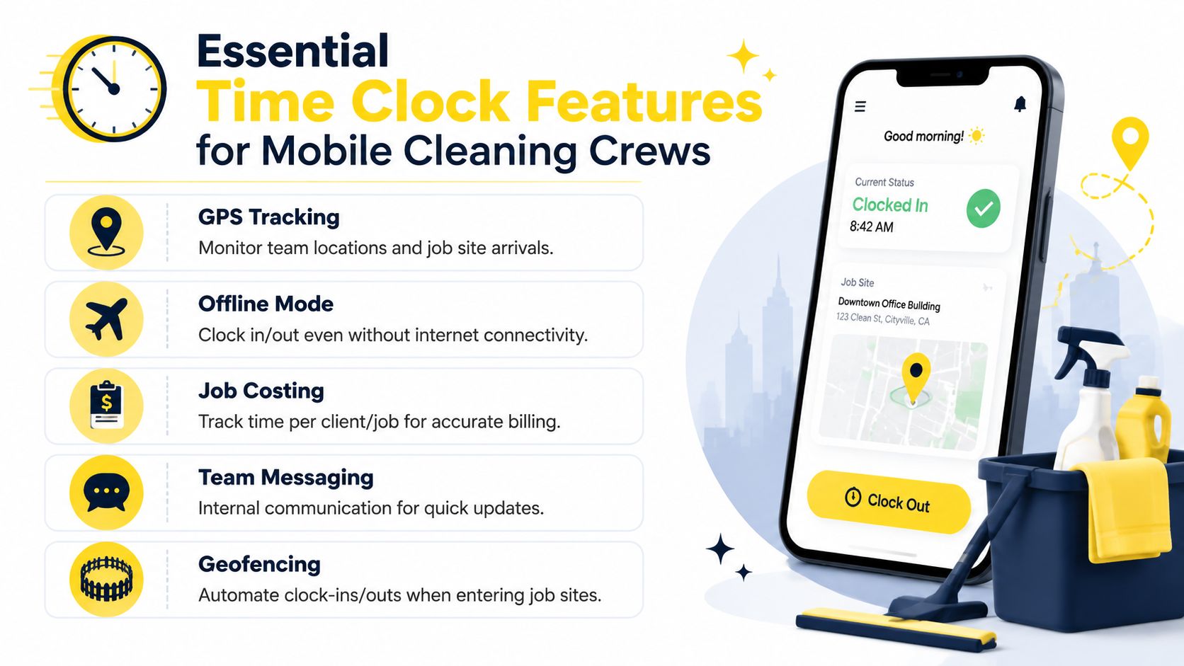 A digital infographic highlighting essential time clock software features for mobile cleaning crews, including GPS and geofencing.