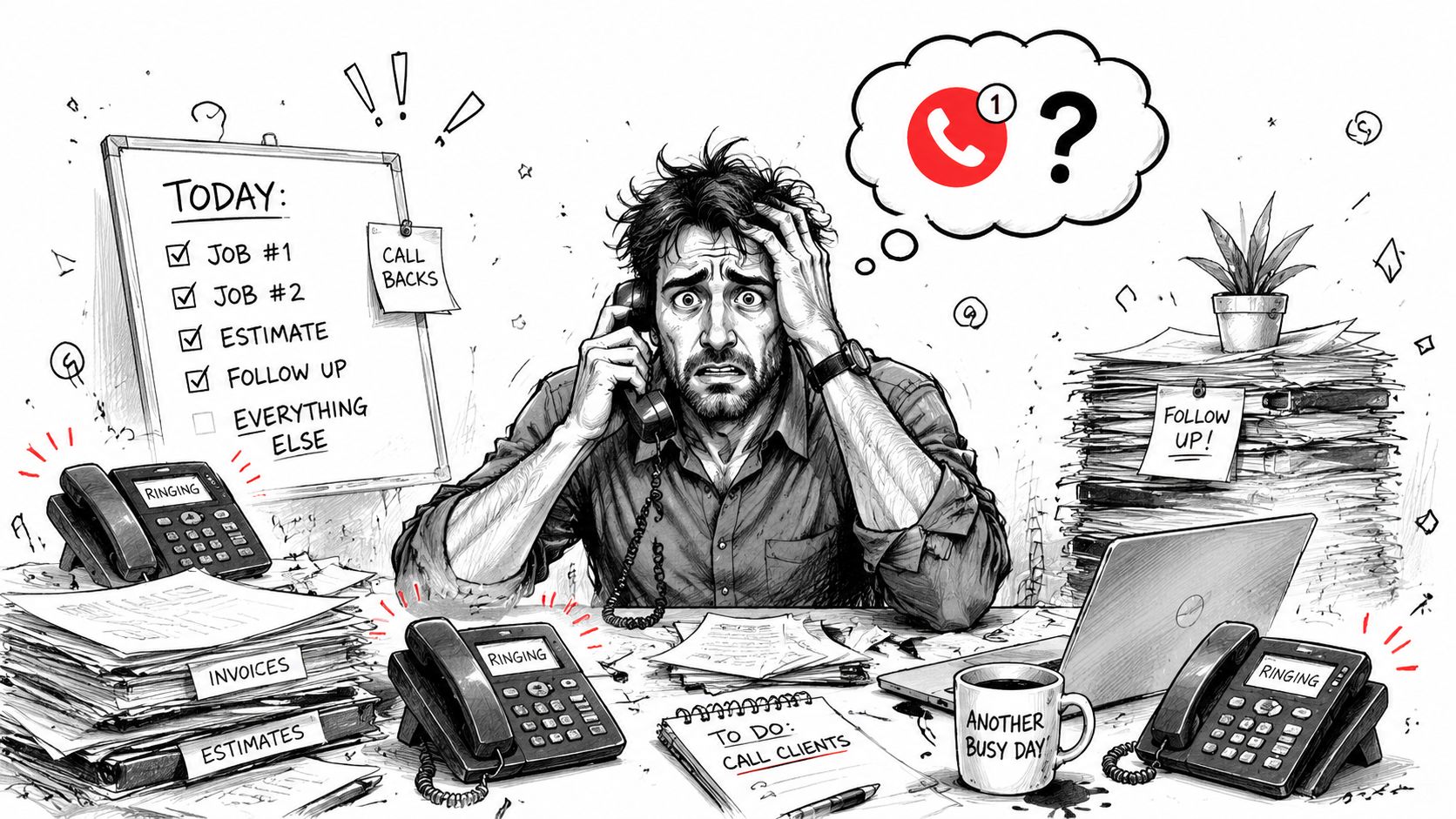 A stressed worker overwhelmed with phone calls and paperwork, representing the challenges of managing a service business.
