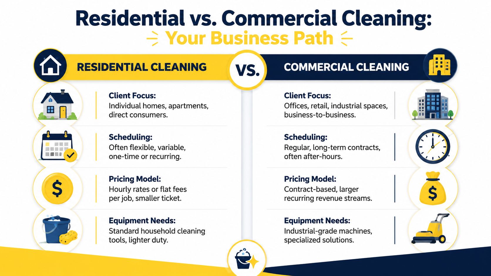 A comparison chart highlighting the key differences between starting a residential cleaning business versus a commercial cleaning business.