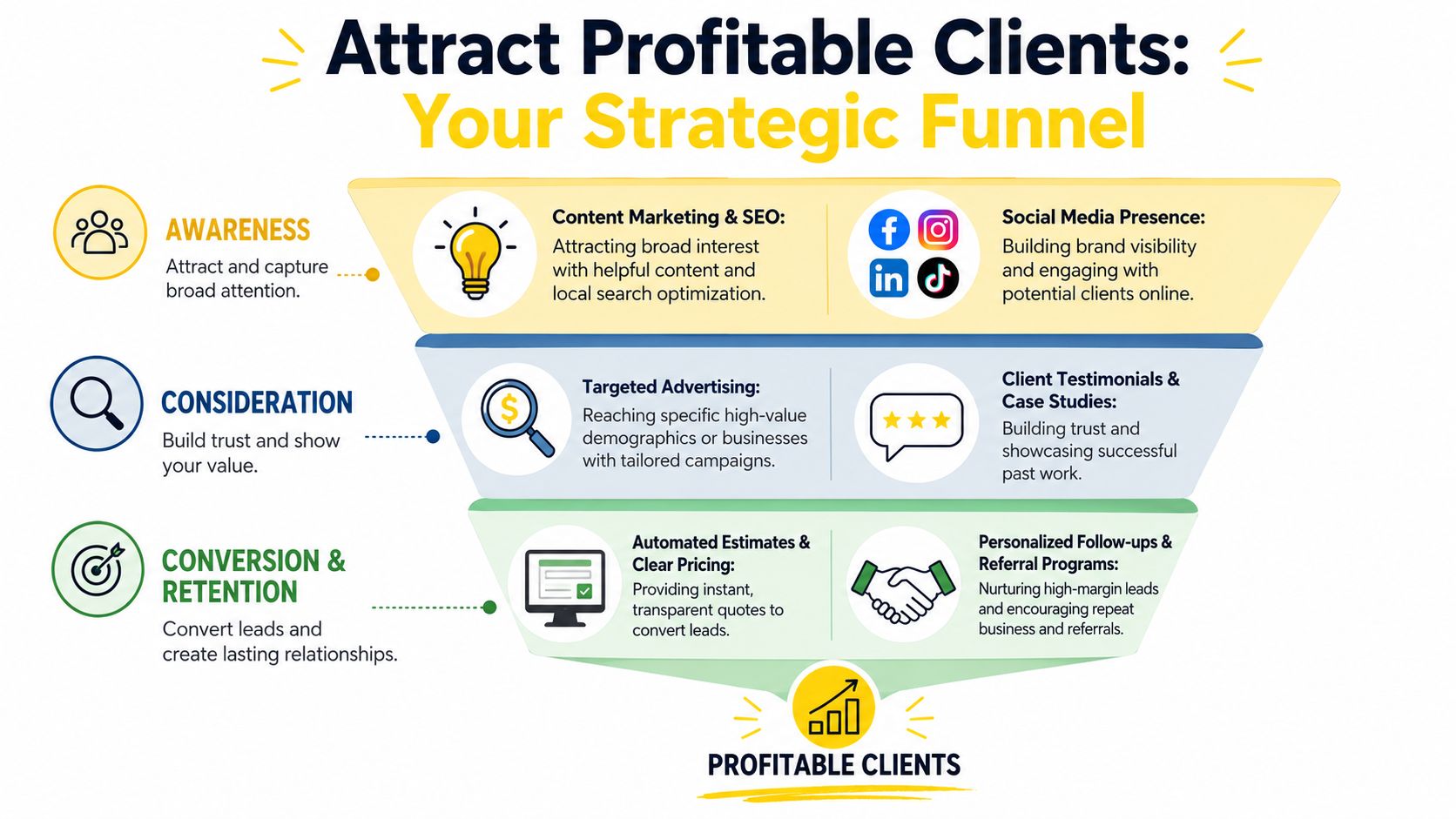 A strategic funnel diagram illustrating steps to attract profitable clients through awareness, consideration, and conversion strategies.