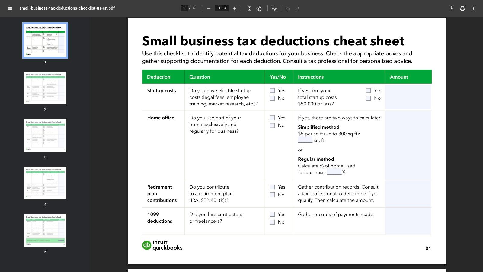 Intuit QuickBooks, Small business tax deductions cheat sheet (PDF)