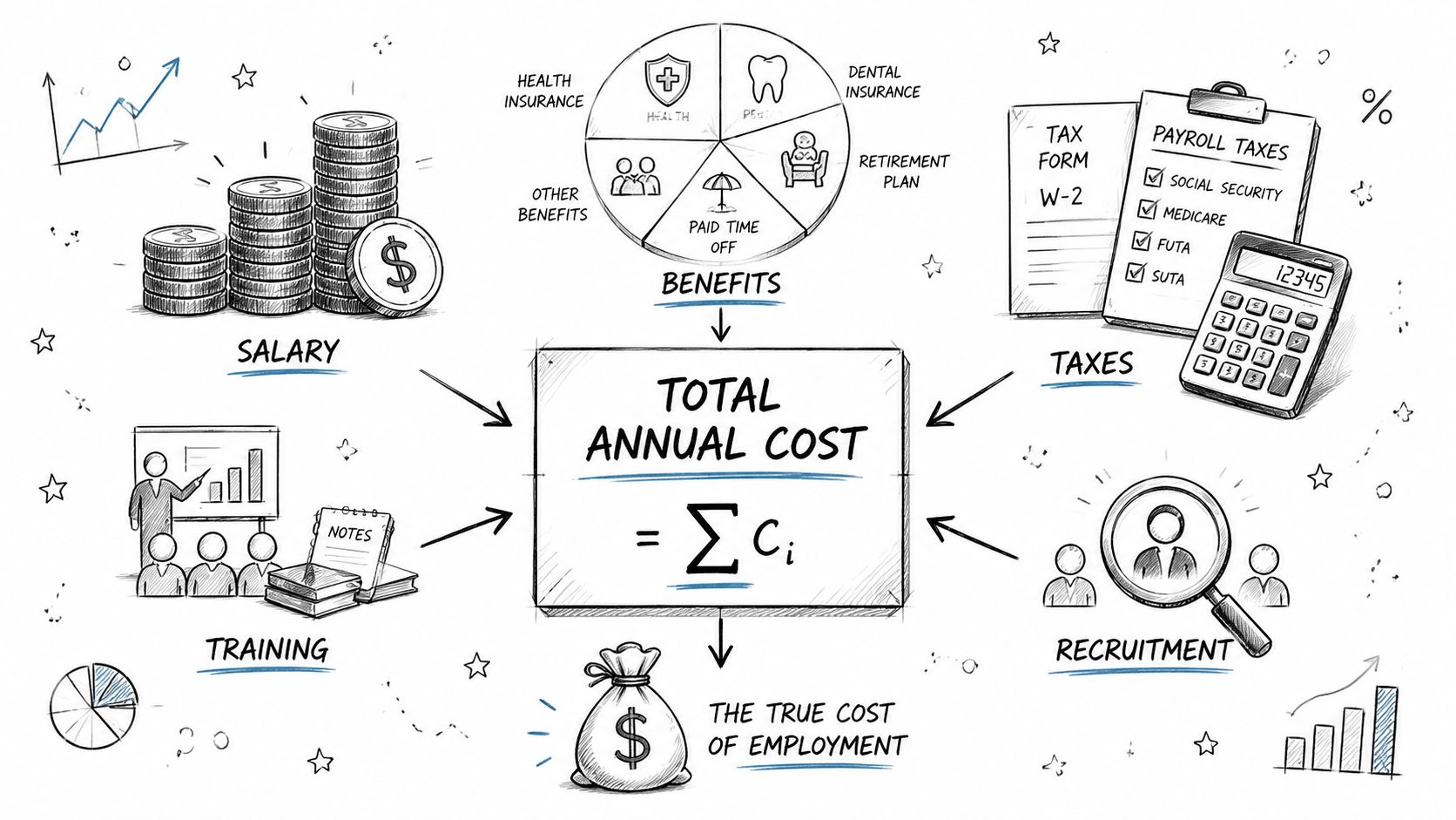 A hand-drawn illustration showing the components of the total annual cost of an employee, including salary, benefits, taxes, training, and recruitment.