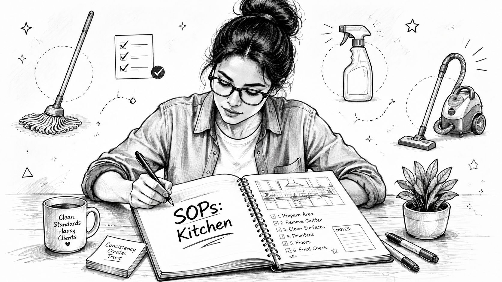 A woman writing a kitchen standard operating procedures manual at a desk with cleaning equipment illustrations.