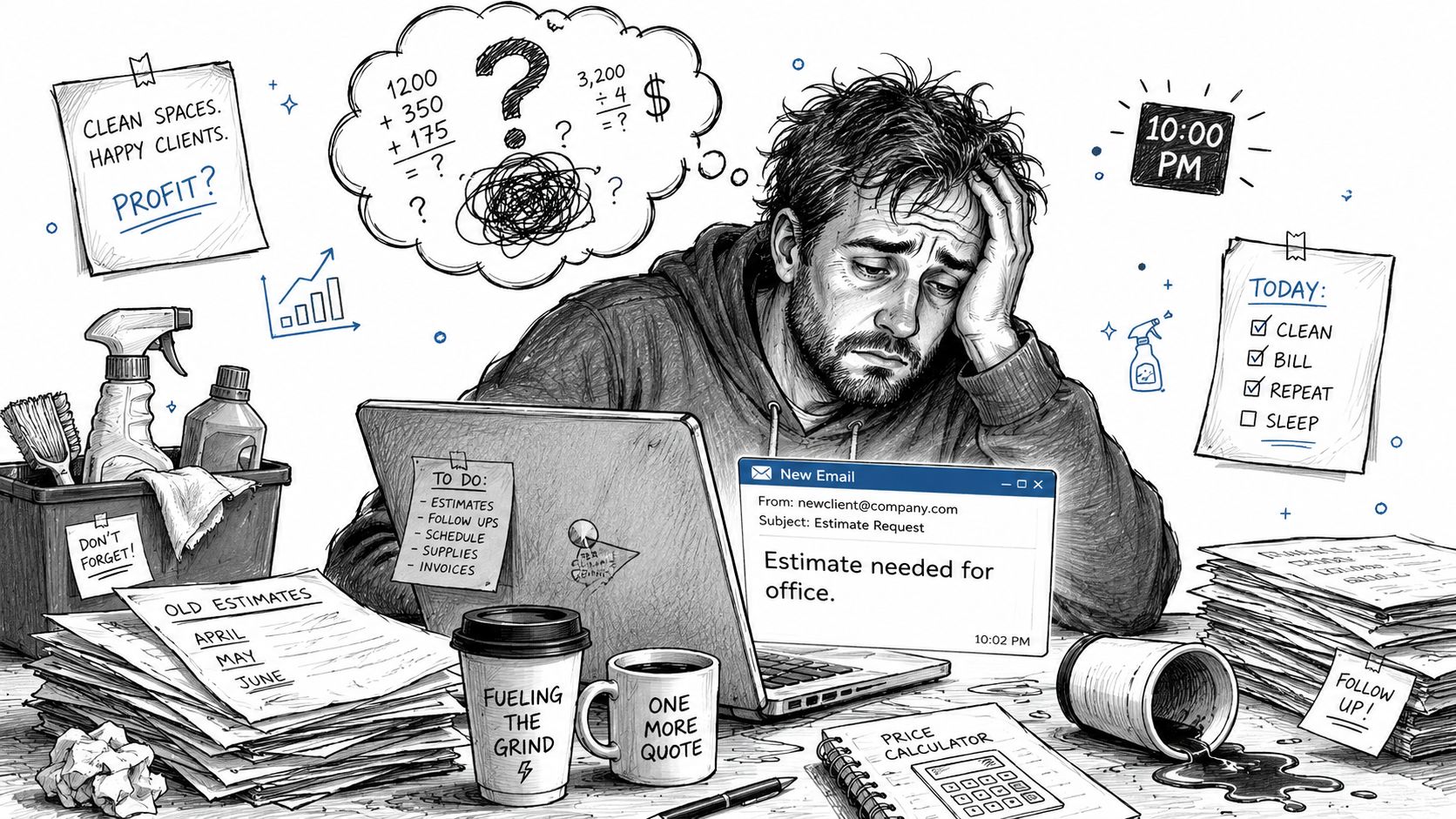 A stressed business owner struggling with financial calculations and client estimates late at night in a cluttered office.