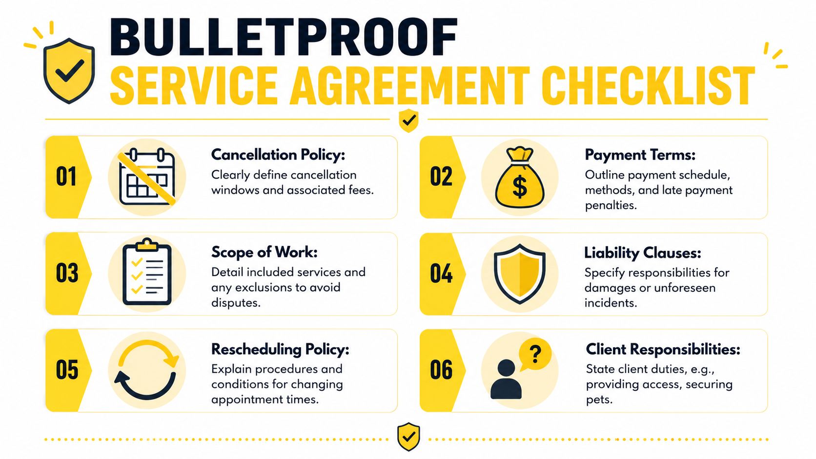 A bulletproof service agreement checklist infographic with six essential items for business contracts.
