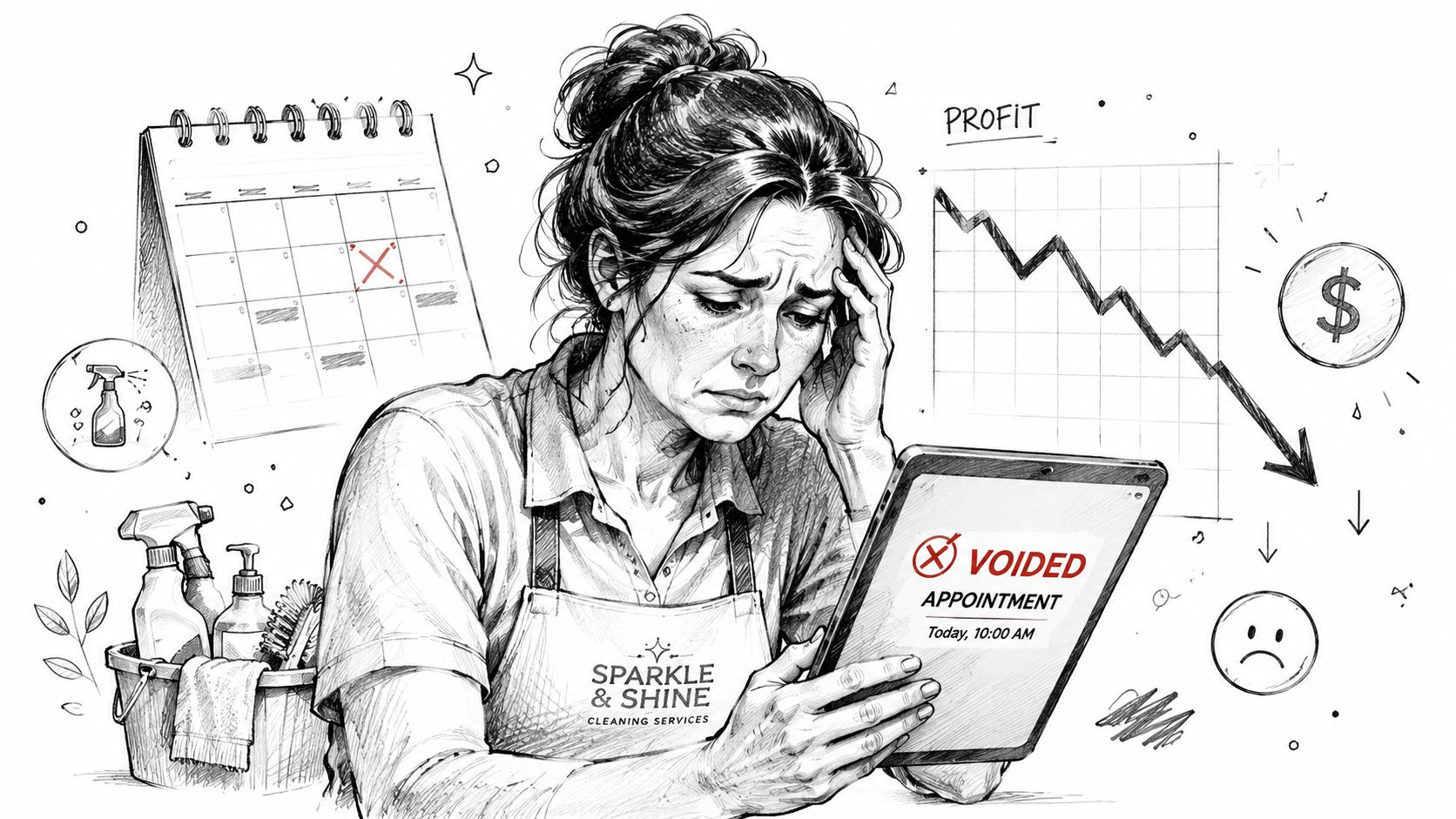 A distressed cleaning service worker looks at a tablet notification showing a voided appointment.