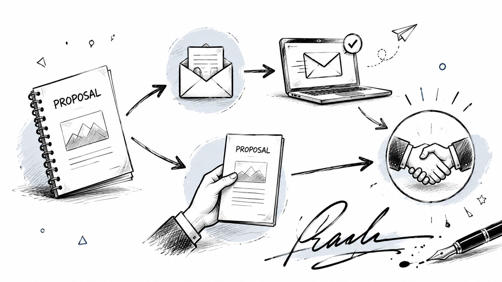 A hand-drawn illustration depicting a business proposal process from document creation to digital delivery and agreement.