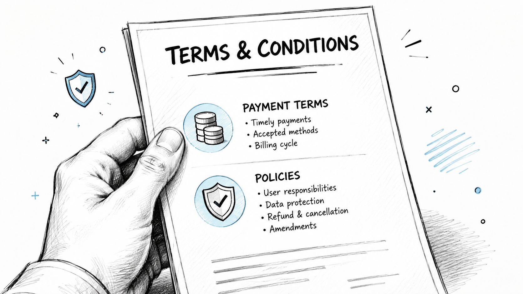 A hand holding a document showing a summary of business terms and conditions and user policies.