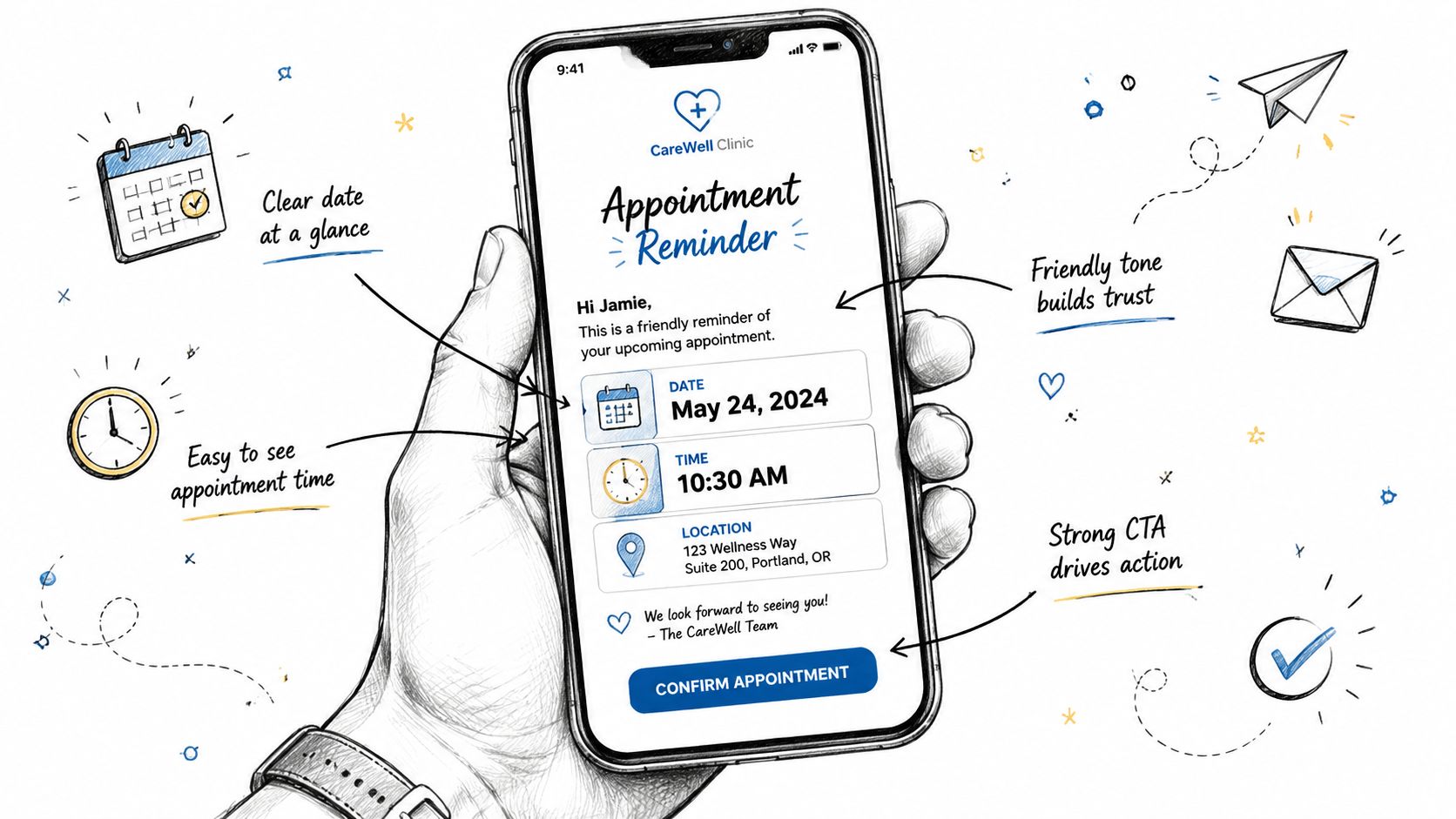 A hand holding a smartphone displaying an appointment reminder notification from CareWell Clinic for a user named Jamie.