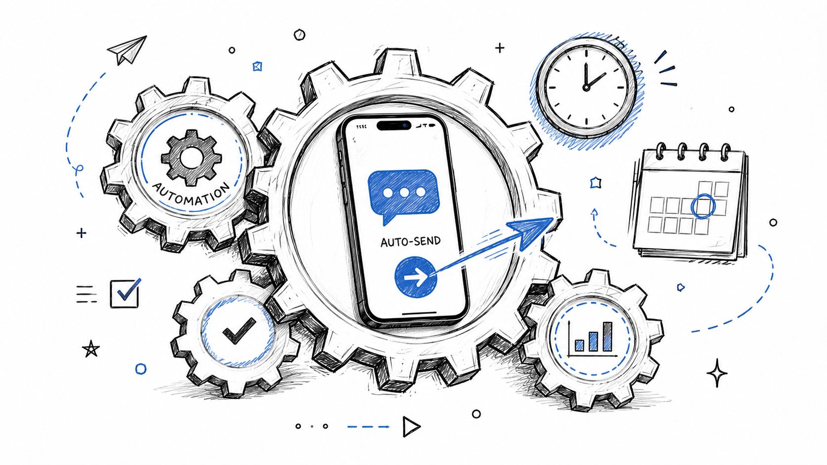 A hand-drawn illustration showing a smartphone centered among gears, representing automated appointment reminder text and business scheduling.