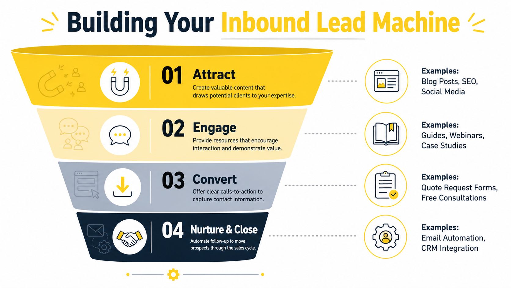 A four-step funnel diagram illustrating the process of building an inbound lead machine for business growth.