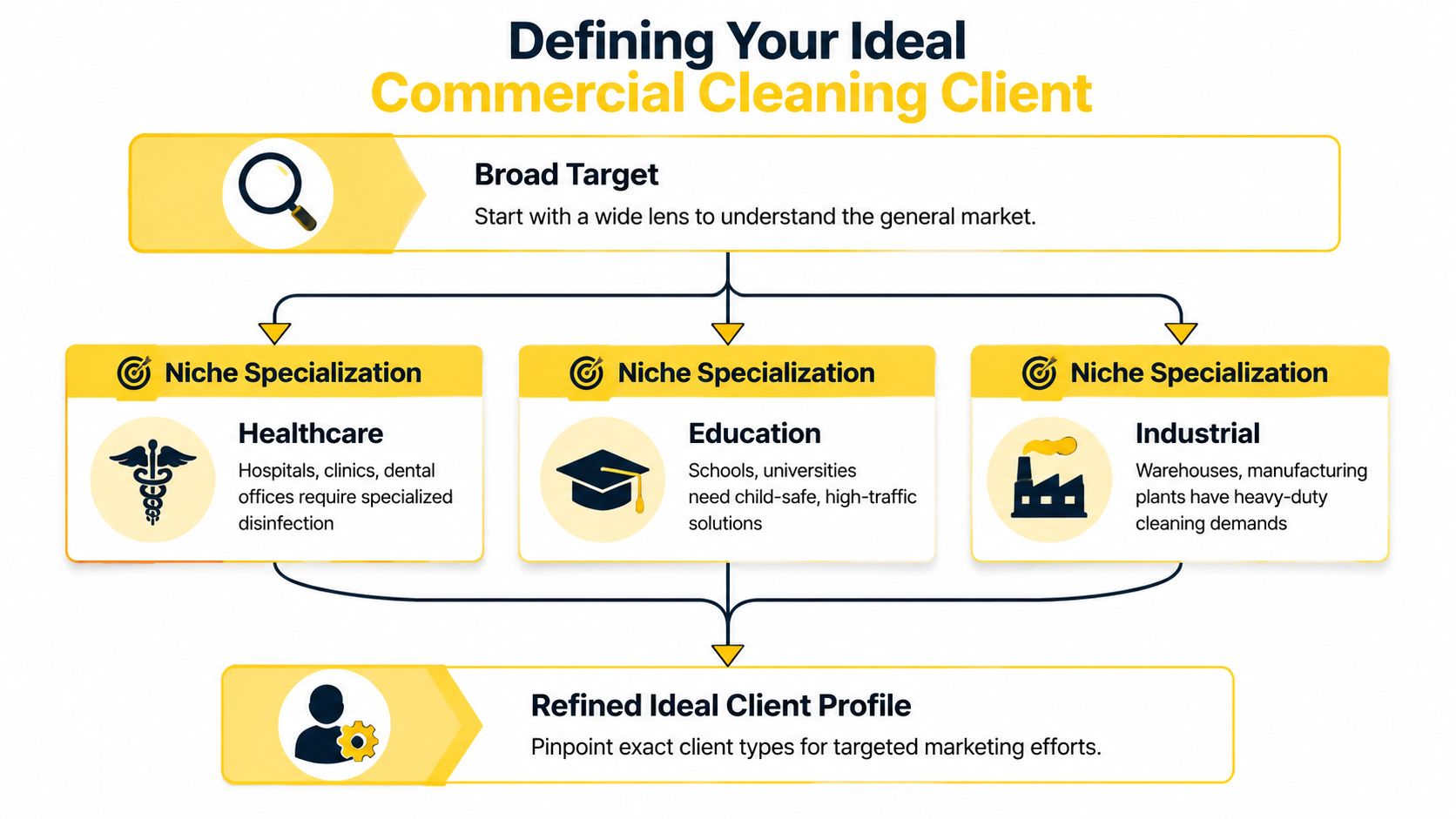 A diagram illustrating the process of defining an ideal commercial cleaning client, from broad market to specific niches.