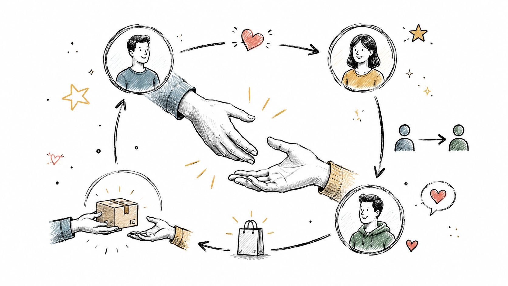 A hand-drawn illustration showing a cycle of customer engagement, sharing, and receiving packages between various people.