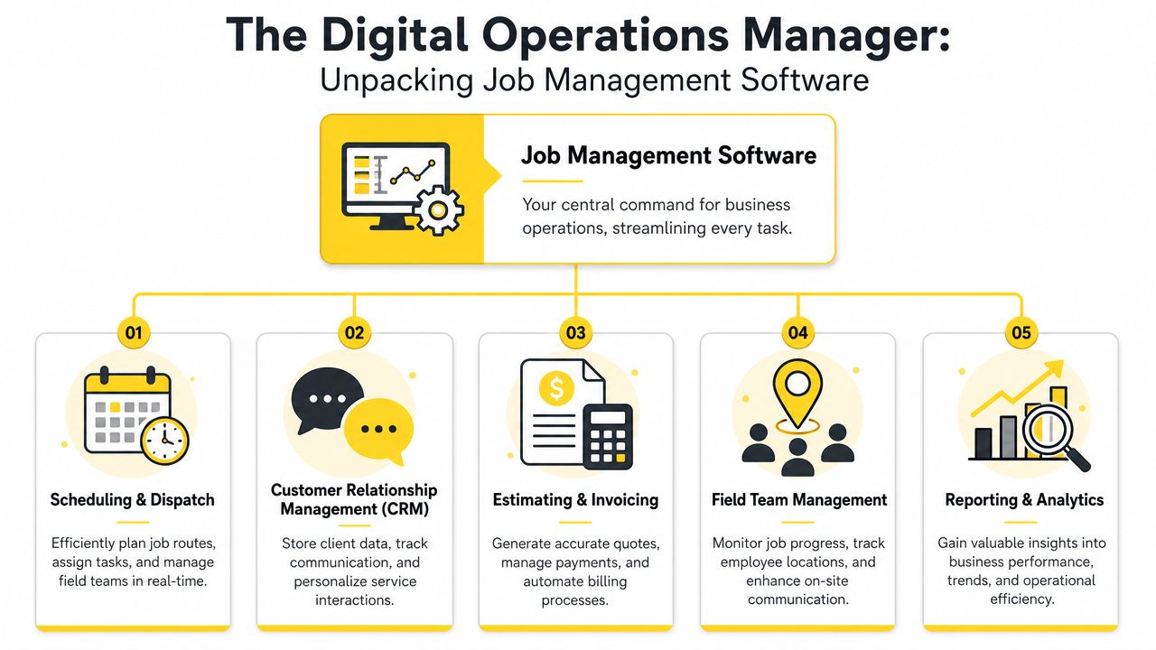 An infographic titled The Digital Operations Manager illustrating five key features of job management software for businesses.