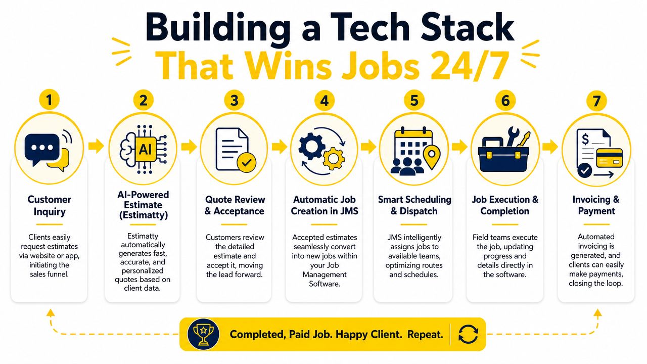 A diagram illustrating the seven-step automated workflow for winning jobs using tech stack and job management software.