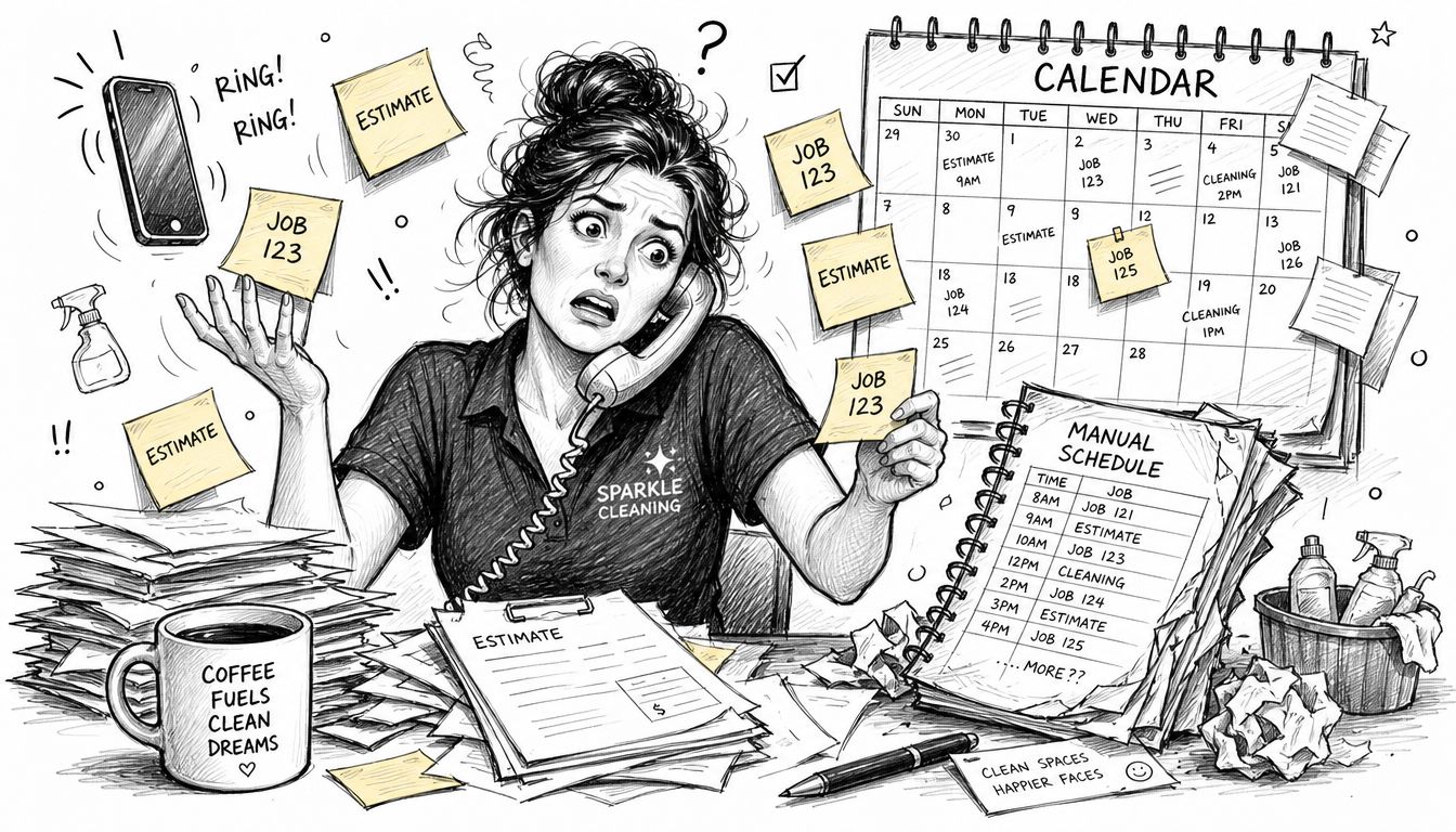 A stressed cleaning company owner struggling with disorganized paperwork, phone calls, and manual scheduling.