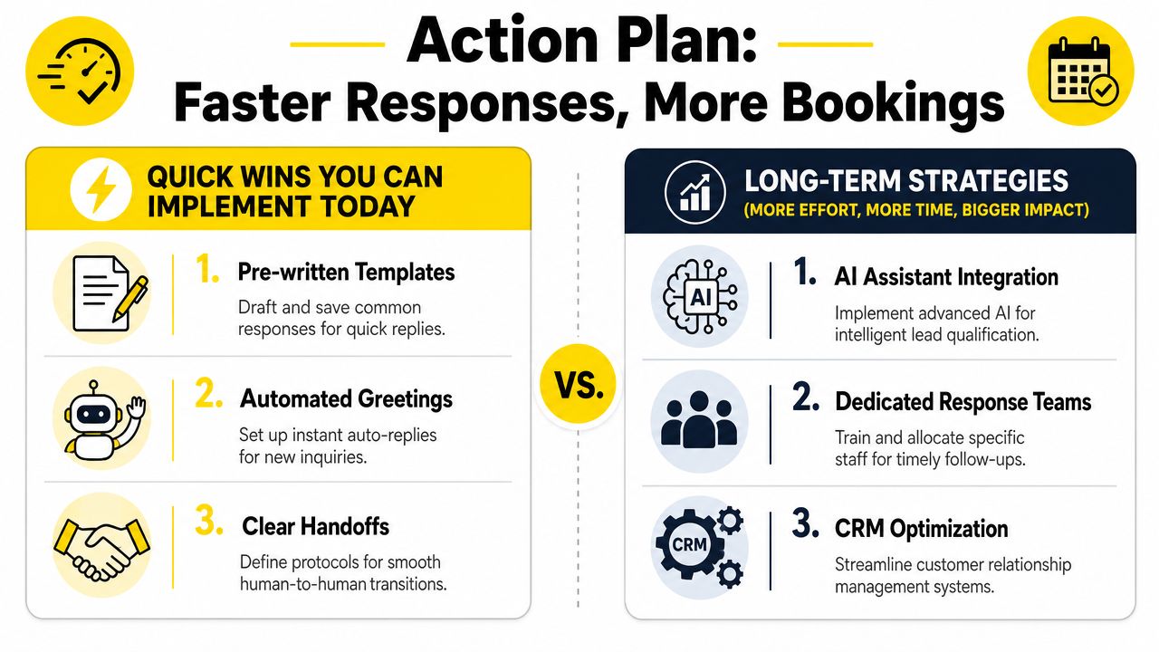 An infographic showing action plans for faster business response times, comparing quick wins with long-term strategies.