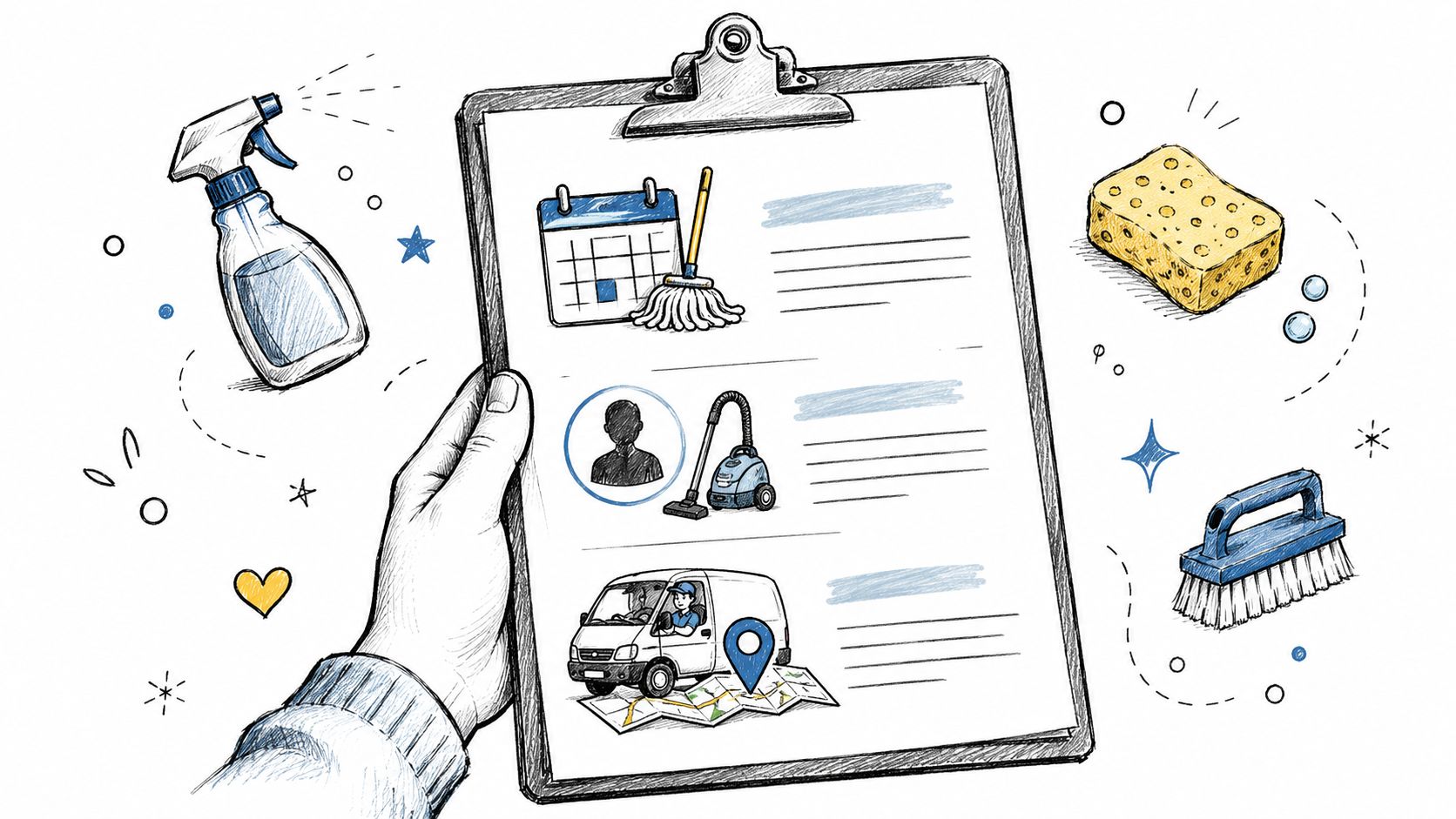 A hand holding a clipboard featuring a cleaning checklist with icons representing scheduling, staffing, and transportation services.